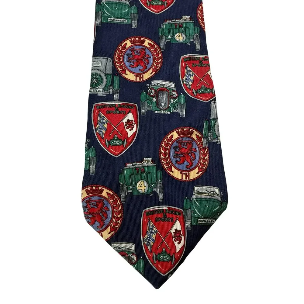 VTG Tommy Hilfiger Silk Necktie Heraldic Crest Shield Race Car Blue Red Made USA